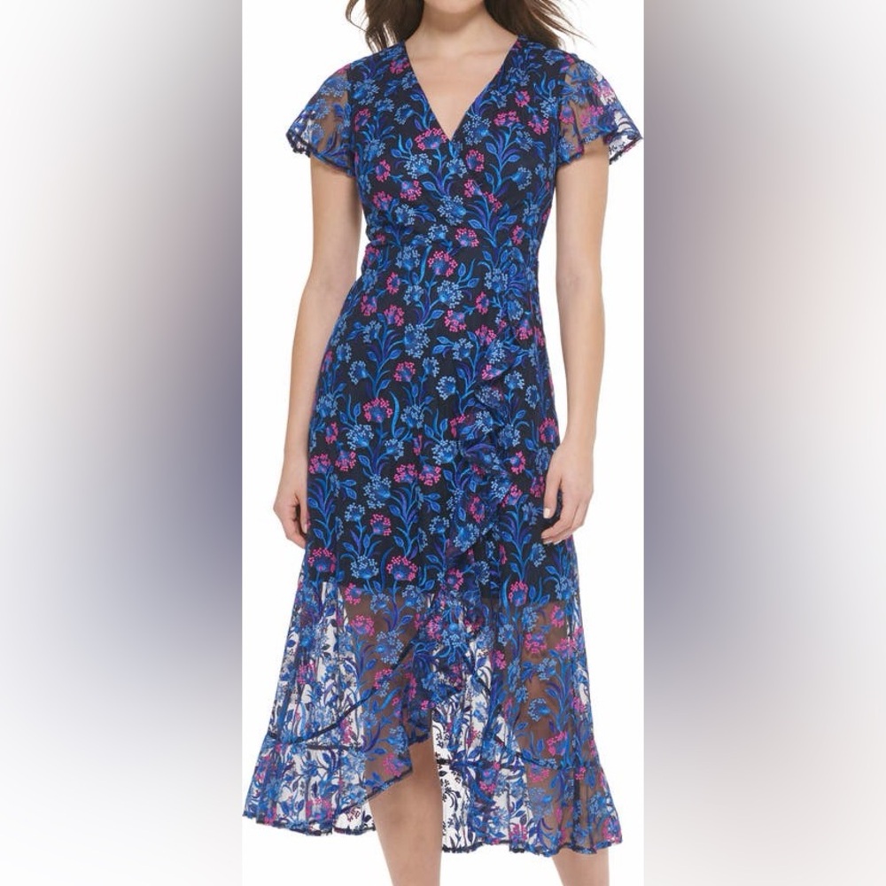 Floral Embroidery Kensie Navy Dress with Blue and Pink Embroidery